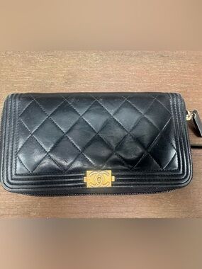 CHANEL Lambskin Quilted Boy Zip Around Wallet Black